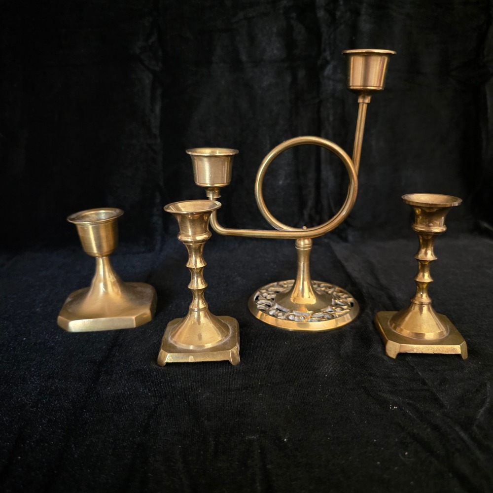 VTG 4pc Solid Brass Candlestick Set French Horn Candelabra & Short Stem Tapers